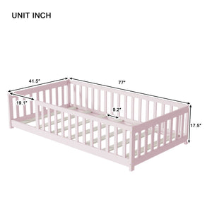 English Elm Twin Solid Rubberwood Floor Bed with Full Perimeter Safety Rails for Toddler Rooms Pink W504P296798