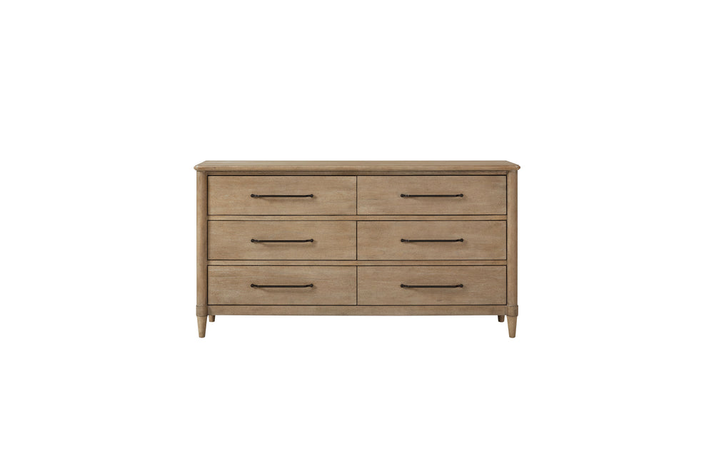 English Elm King Sand 6-Piece Panel Bedroom Set with Cedar/Felt Lined Drawers, USB Nightstand & Cane Accents B2699S00056