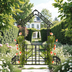 English Elm Metal Garden Arch Gate with Planters Powder Coated Steel Climbing Rose Trellis Outdoor W1586P278425