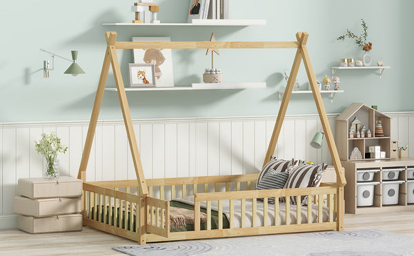 English Elm Full Size Rubber Wood Tent-Shaped Floor Bed With Guardrails & Door - Cozy, Modern Retreat For Kids W504P345788