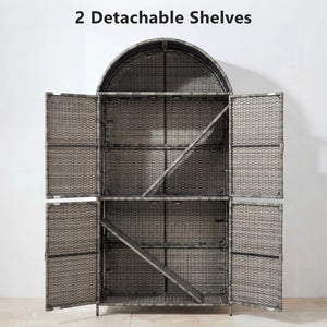 English Elm K&k Tall Arched Pe Rattan Outdoor Storage Cabinet with Adjustable Shelves and Steel Frame Grey N707P420158G