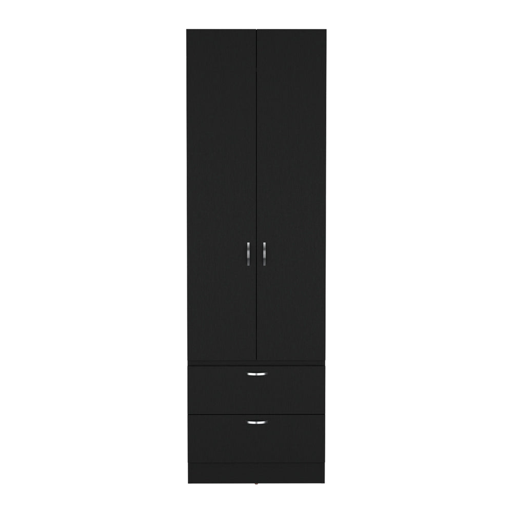 English Elm Vico 76" High Armoire Wardrobe Closet with Hanging Rod, 2 Drawers, Shelves — Black Engineered Wood Organizer B200P188837