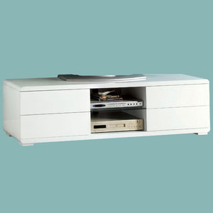 English Elm Contemporary Curved Shelving TV Console with Chrome Poles, High Gloss Lacquer Finish, Sleek Design White 62 L x 18 W x 19 H B2741P362562