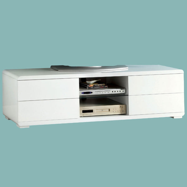 English Elm Contemporary Curved Shelving TV Console with Chrome Poles, High Gloss Lacquer Finish, Sleek Design White 62 L x 18 W x 19 H B2741P362562