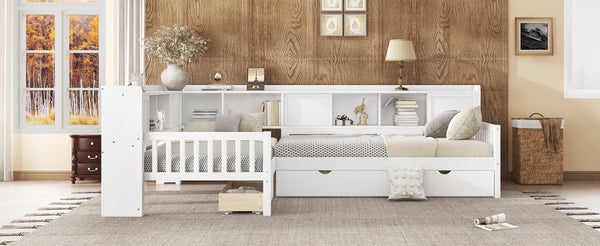 English Elm L-shaped Twin Platform Bed with Trundle, Solid Wood Corner Sleeper with Drawers, Shelves, No Box Spring Needed White W1580S00259