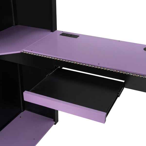 English Elm Full Size Loft Bed with Desk Blackout Curtains Rgb Lighting and Integrated Storage Purple+Black LT000377AAI