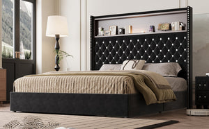 English Elm Queen Velvet Tufted Wingback Platform Bed Tall Headboard with Usb Charging Shelf Black N733P367135B