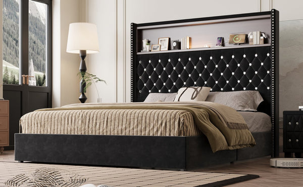 English Elm Queen Velvet Tufted Wingback Platform Bed Tall Headboard with Usb Charging Shelf Black N733P367135B
