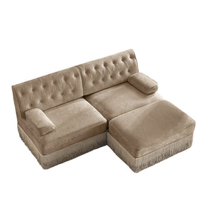 English Elm L-shaped Velvet Chesterfield Sectional Sofa with Tassel Skirt and Tufted Modular Design Camel W714S01695
