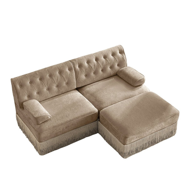 English Elm L-shaped Velvet Chesterfield Sectional Sofa with Tassel Skirt and Tufted Modular Design Camel W714S01695