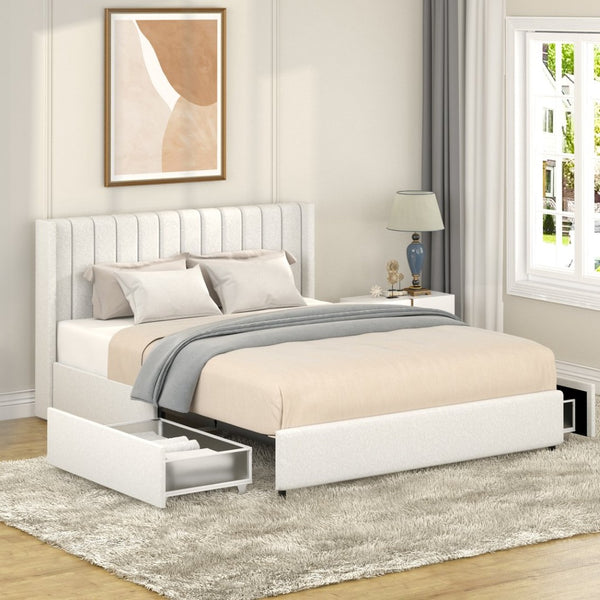 English Elm Ivory Boucle Upholstered Queen Storage Bed With Tufted Headboard & Drawer System B191P191660-GIGA
