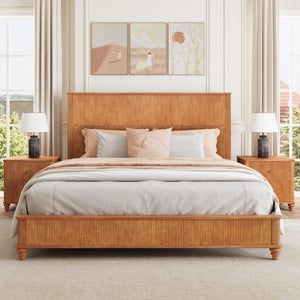 English Elm Solid Rubberwood Queen Platform Bed Tall Headboard Natural Grain No Box Spring W1716S00031