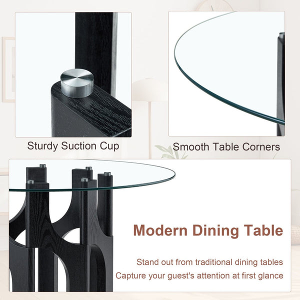 English Elm Round Tempered Glass Dining Table Sculptural Geometric Mdf Base Seats Four Compact Black W3875P387177
