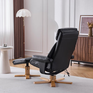 English Elm Black Pu Leather Swivel Accent Chair with Ottoman Heated Massage Wood Base Lounge W3248P465018