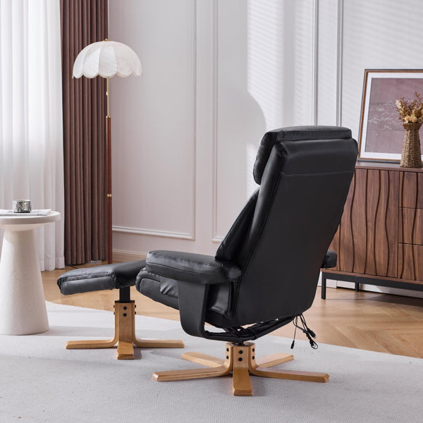 English Elm Black Pu Leather Swivel Accent Chair with Ottoman Heated Massage Wood Base Lounge W3248P465018
