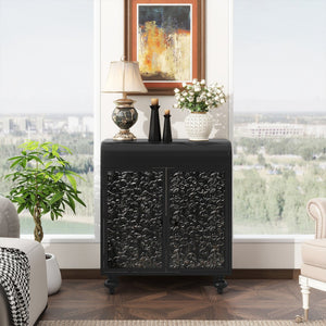 English Elm Art Accent Cabinet Antique Black Steel Sideboard with Embossed Pattern, Sturdy 75 lb Shelves & Rustic Charm W3122P272554