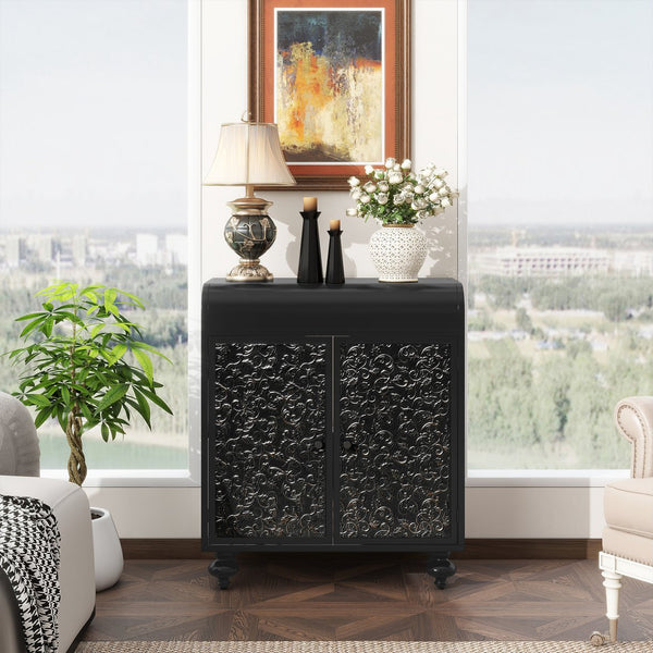 English Elm Art Accent Cabinet Antique Black Steel Sideboard with Embossed Pattern, Sturdy 75 lb Shelves & Rustic Charm W3122P272554