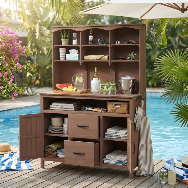 English Elm (with Hutch) Topmax Solid Fir Outdoor Potting Bench Station Cabinets Drawers Patio Garden Brown N717P404332D