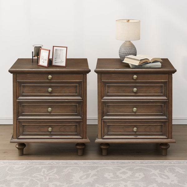 English Elm Farmhouse Nightstand Pine Wood Four Drawer Storage with Pull Out Tray Gourd Legs Walnut Brown W1716P399633