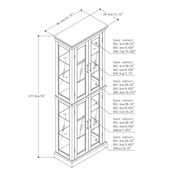 English Elm Curio Display Cabinet with Internal Lighting, Mirrored Back, 6 Adjustable Shelves, Glass Doors Oak W1693P154580