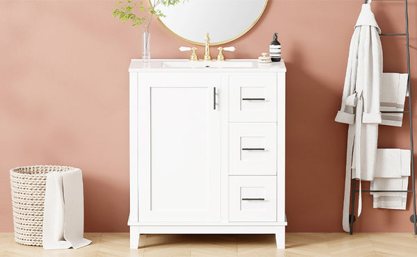 English Elm 30-inch Modern Bathroom Vanity with Ceramic Basin, Rubberwood Frame, Soft-Close Drawers & Organized Storage White N729P290689K