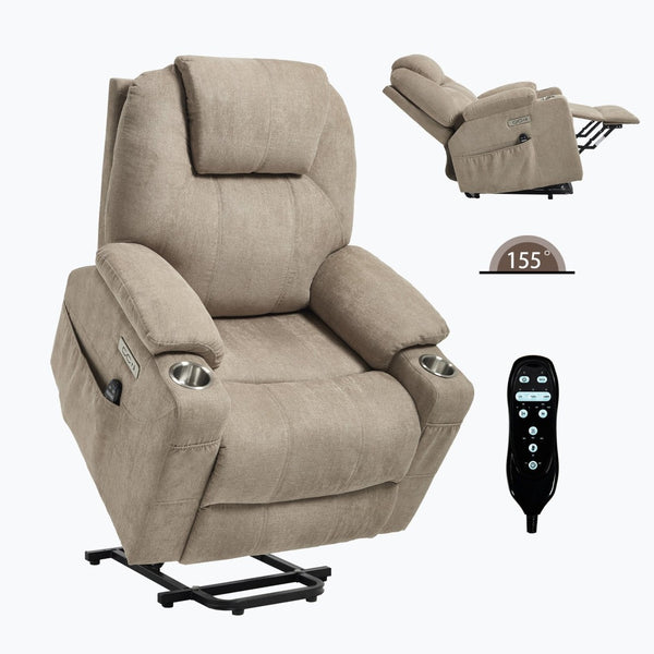 English Elm Up to 350 Lbs Chenille Power Lift Recliner with Massage Heating and Usb Charging Ports Khaki W3224S00026