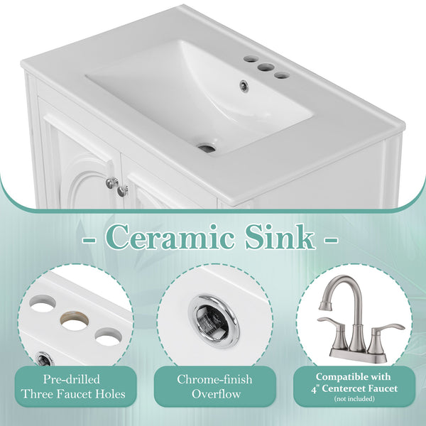 English Elm Christopher Knight Home® - 30" Bathroom Vanity with Sink Vintage Freestanding Ceramic Top Soft-Close Doors Gold Knobs, Storage White N759P226000K