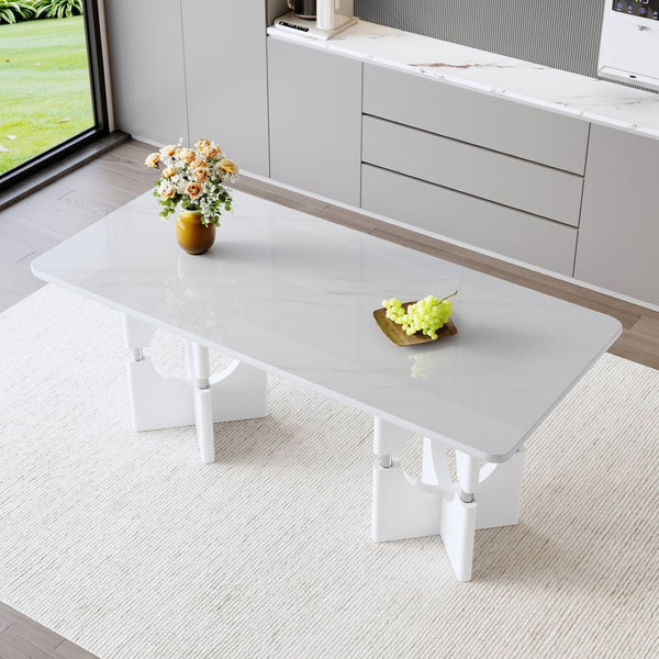 English Elm Modern Marble Print Mdf Dining Table Sculptural Hollow Frame Metal Accents Small Space White W3875S00026