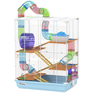 English Elm PawHut 5-Tier Hamster Cage with Tubes, Wheel & Accessories, Portable Handle, Safe Ventilated Home W2225P249991