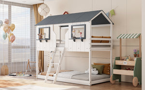 English Elm Twin Over Playhouse Bunk Bed Solid Pine Frame with Roof Windows Guardrail LT100045AAK-1