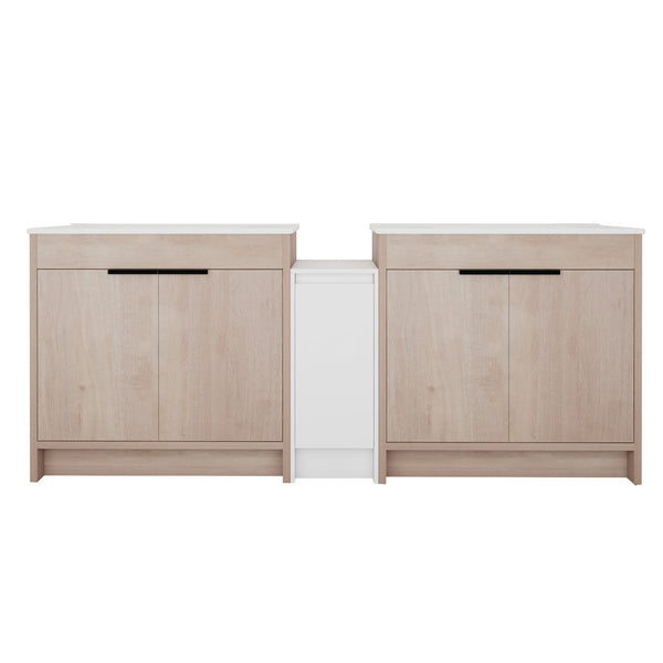 English Elm 84 Inch Freestanding Bathroom Vanity with Integrated Resin Sink, Soft-Close Doors, Shelves & Extra Storage Space Glossy White,Plain Light Oak W999S00320