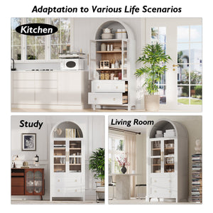 English Elm K&K 71" Arched Kitchen Pantry Cabinet with Glass Doors, Adjustable Shelves, Soft-Close Drawers White N707P288972W