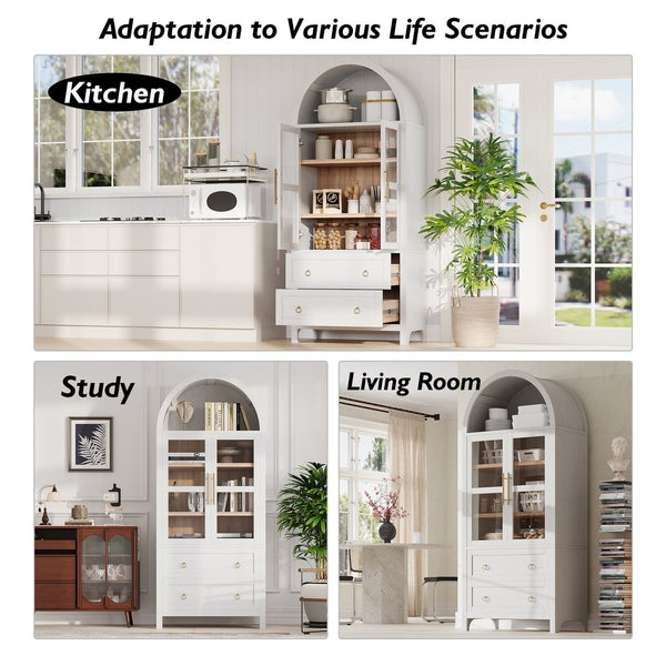 English Elm K&K 71" Arched Kitchen Pantry Cabinet with Glass Doors, Adjustable Shelves, Soft-Close Drawers White N707P288972W