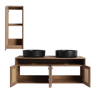 English Elm 48" Floating Bathroom Vanity Oak Finish Dual Ceramic Sinks Four Soft Close Doors W999S00499