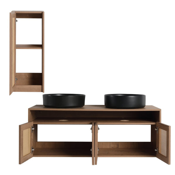 English Elm 48" Floating Bathroom Vanity Oak Finish Dual Ceramic Sinks Four Soft Close Doors W999S00499