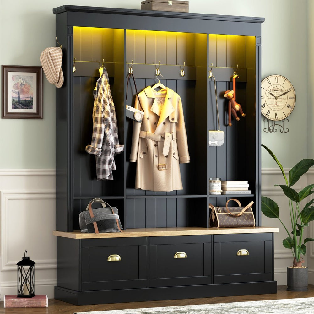 English Elm Farmhouse Hall Tree with Triple Arch Back Panel Eight Hooks Drawers and Entryway Bench Black N721S000062B