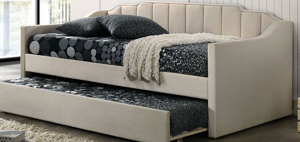 English Elm Contemporary Twin Size Daybed With Trundle, Channel Tufting, Upholstered Beige Finish For Versatility B2741S00481