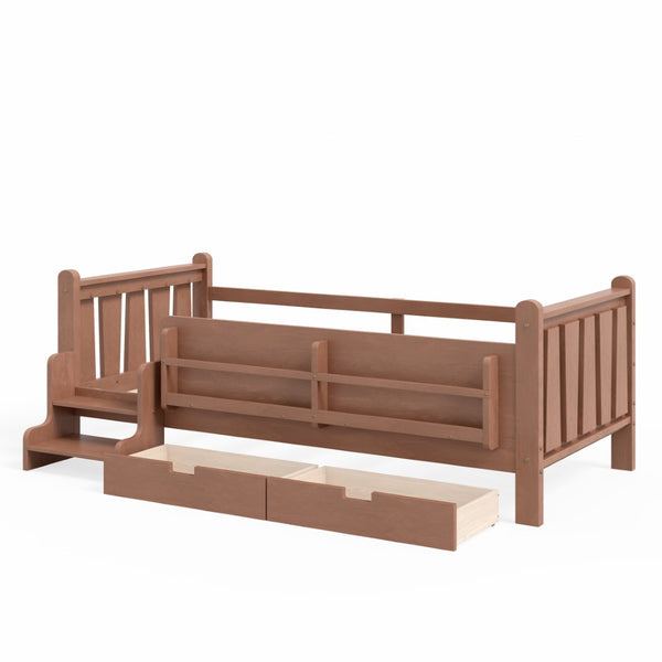 English Elm Twin Pine Floor Bed with Guardrails Built-in Bookcases and Stair Steps for Kids Natural W1580P430200