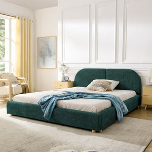 English Elm Queen Upholstered Bed with Tall Curved Headboard Soft Textured Fabric Modern Bedroom Green W487S00482