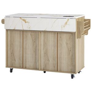 English Elm K&k Fluted Rolling Kitchen Island Faux Marble Top Power Outlet Storage Drawers Natural N707P353934Y
