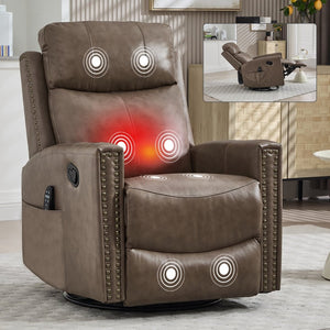 English Elm Camel Genuine Leather Massage Rocker Swivel Recliner with Heat and Lumbar Relief W1803P323716