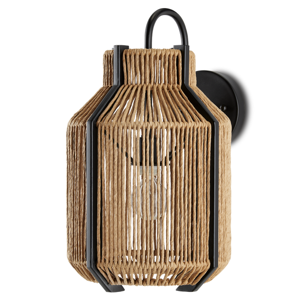 Mali Wall Sconce - Bohemian Elegance with Natural Woven Shade & Satin Black Wrought Iron Design