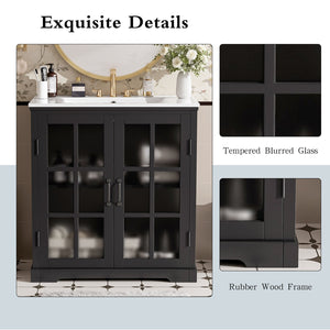English Elm Christopher Knight Home® - 30" Modern Bathroom Vanity with Ceramic Sink, Tempered Blurred Glass Doors, Rubber Wood Frame Storage Matte Black N817P279904B