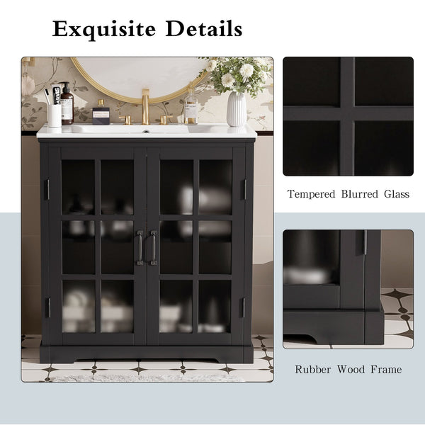 English Elm Christopher Knight Home® - 30" Modern Bathroom Vanity with Ceramic Sink, Tempered Blurred Glass Doors, Rubber Wood Frame Storage Matte Black N817P279904B