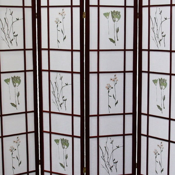 English Elm 70" Tall 4-Panel Shoji Room Divider Screen In Rich Cherry Finish With Elegant Floral Design B072115969