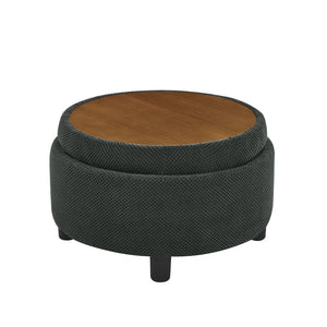 English Elm 25 Inch Round Fabric Pouf Ottoman with Removable Wooden Lid and Hidden Interior Storage Dark Grey W5568P461310