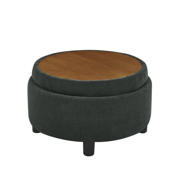 English Elm 25 Inch Round Fabric Pouf Ottoman with Removable Wooden Lid and Hidden Interior Storage Dark Grey W5568P461310