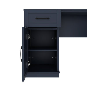 English Elm L-Shaped Corner Desk with 3 Cabinets, 2 Drawers & 11 Shelves, Built-In Power Outlet for Home Office Antique Blue W1580S00190
