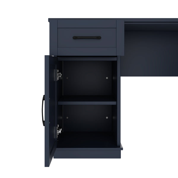 English Elm L-Shaped Corner Desk with 3 Cabinets, 2 Drawers & 11 Shelves, Built-In Power Outlet for Home Office Antique Blue W1580S00190