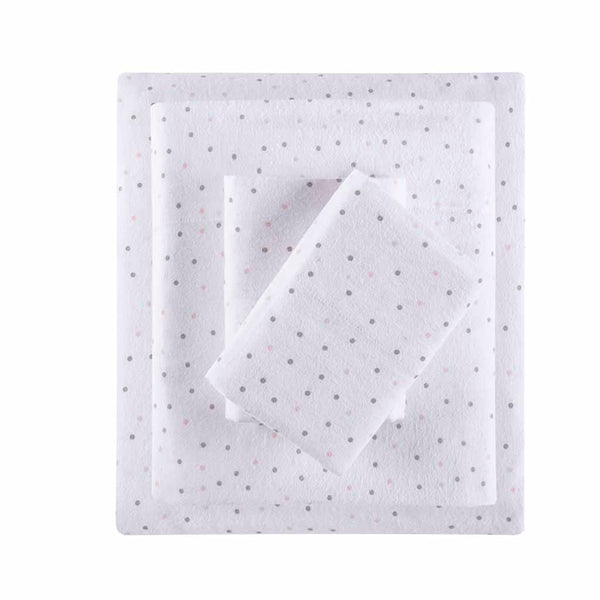 JLA Home Intelligent Design - 100% Cotton Flannel Sheet Set – Ultra-Soft 135gsm Pigment Print for Warmth, Breathable Comfort & Lasting Color Grey/Pink Dots ID20-1556